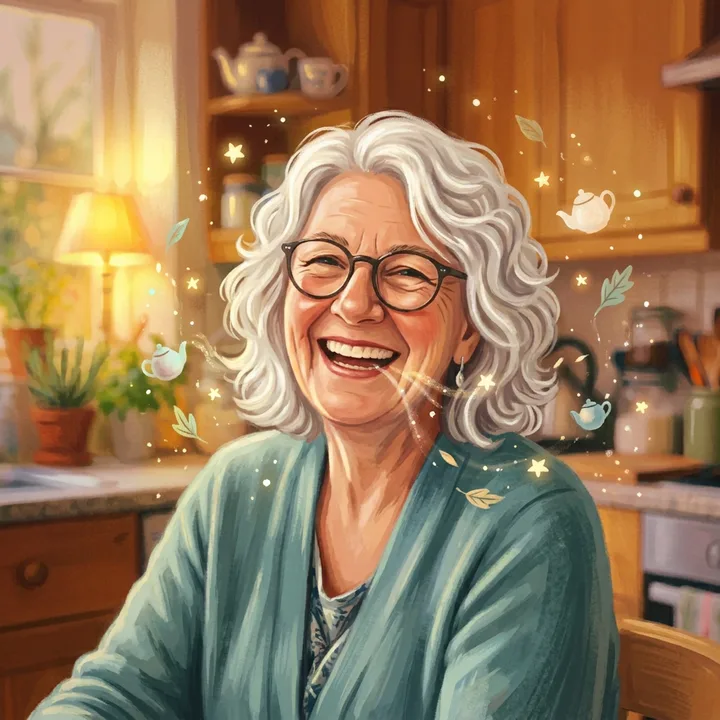 The same woman drawn as a storybook character, in soft, warm hand-painted colours, with her silver hair, glasses and teal cardigan.