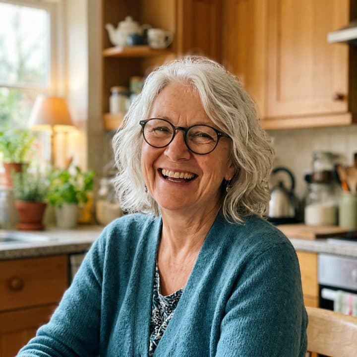 A photograph of a laughing woman with silver wavy hair and round glasses, in a teal cardigan.