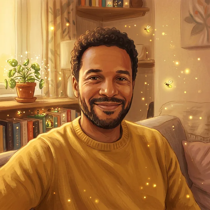 The same man drawn as a storybook character, in soft, warm hand-painted colours, still in the mustard-yellow sweater.