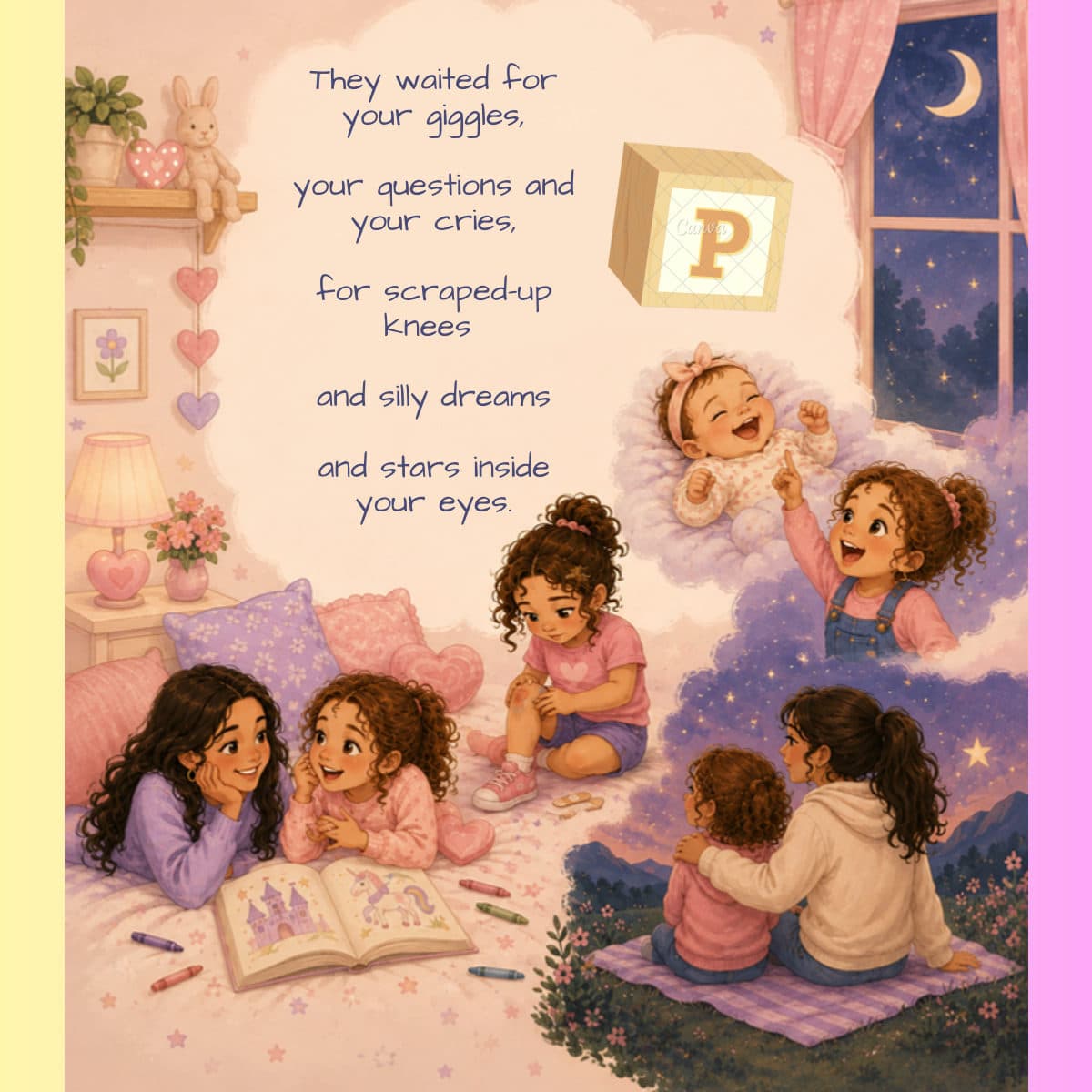 An opening page: a baby among floating toys, letter blocks and storybooks under a starry night sky, with a short verse.