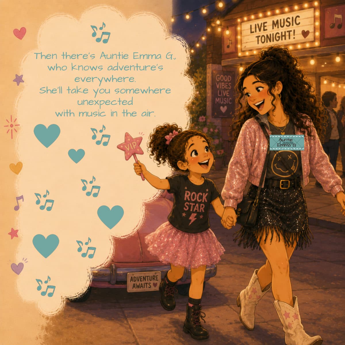 A page about a grown-up who loves music: a girl in a rock-star outfit walking out of a concert under string lights.