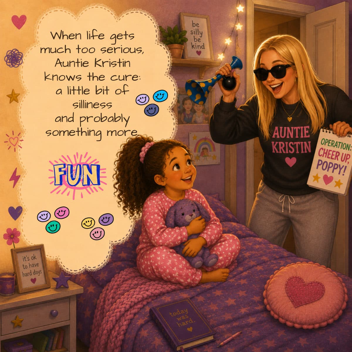 A page about a silly grown-up in sunglasses playing with a girl in pyjamas, with a rhyming verse.